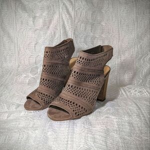 Taupe Peep Toe Cutout Slingback Suede High Heel Booties